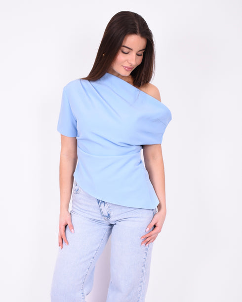 off shoulder draped top light blue