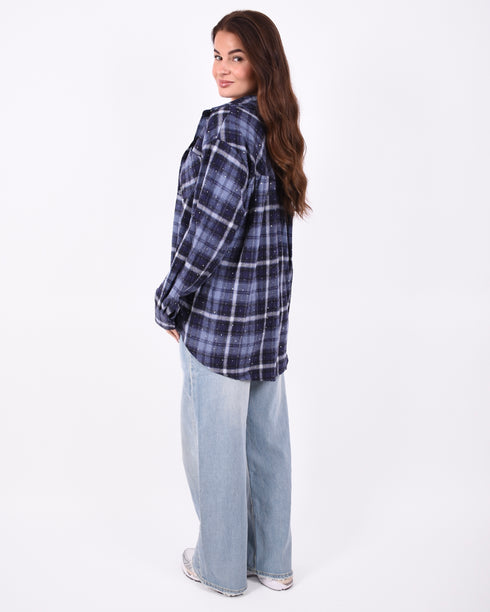 Checkered rhinestone blouse navy