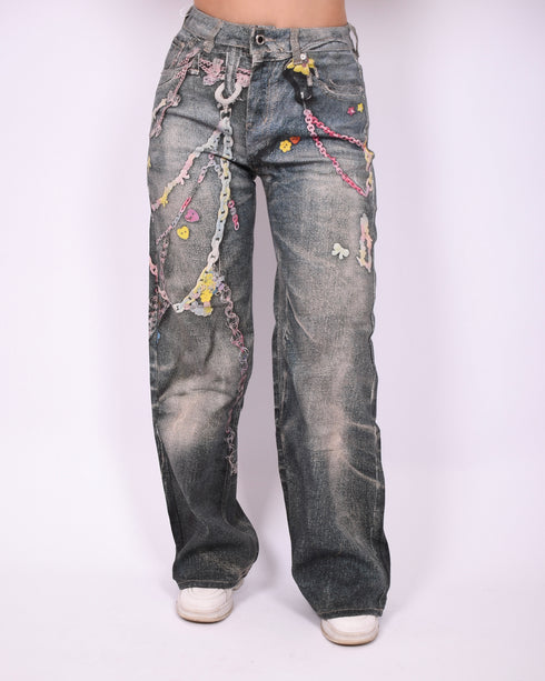 chain wide leg stretch jeans