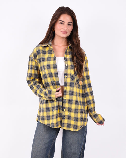 Checkered rhinestone blouse yellow