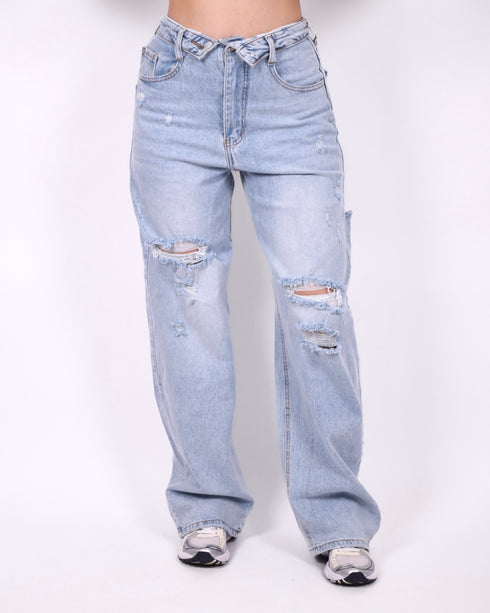 Ripped Foldover baggy stretch jeans
