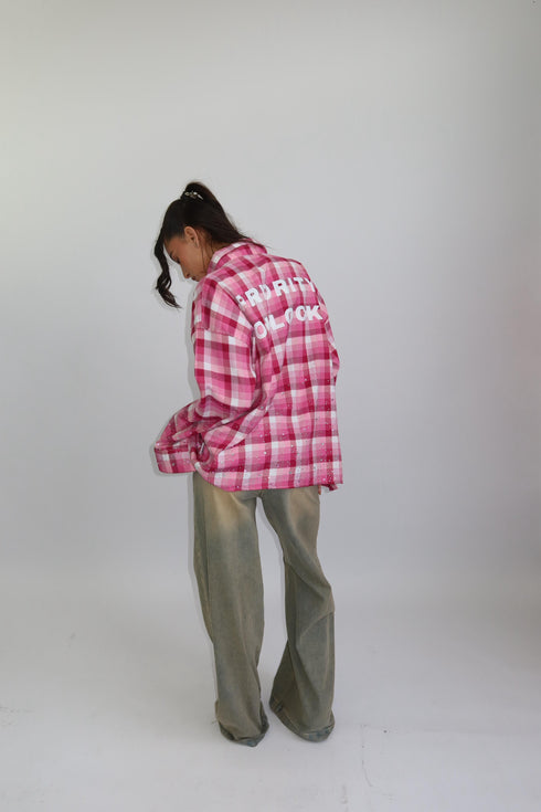 priority checkered rhinestone blouse pink