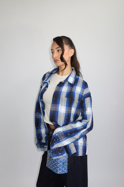 priority checkered rhinestone blouse blue