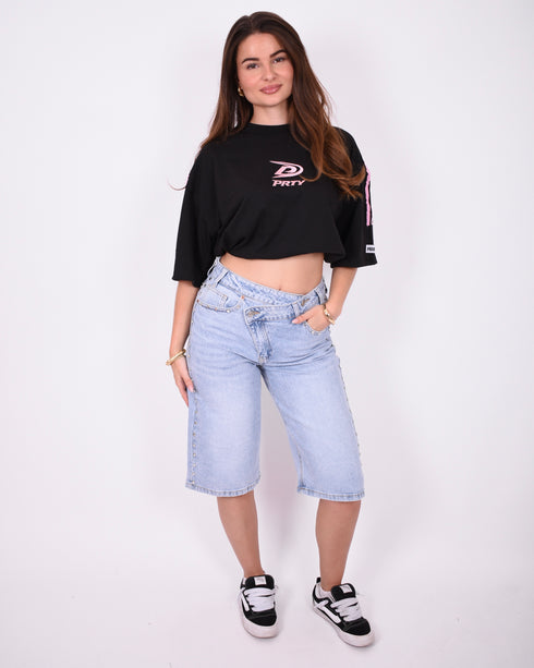 studs cross waist stretch jort