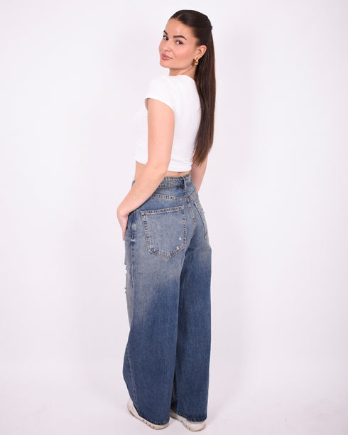 Foldover ripped barrel jeans medium blue