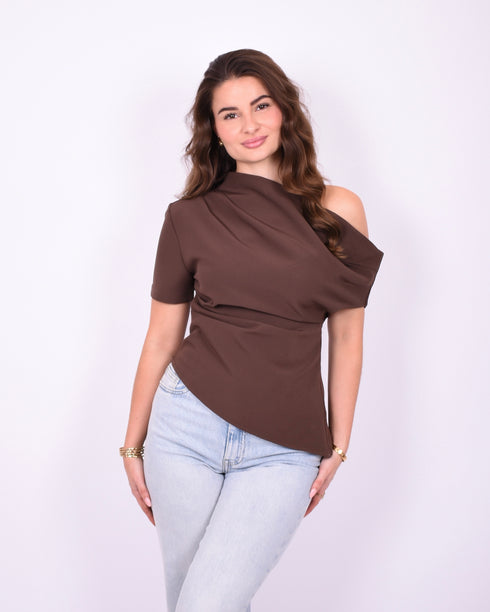 off shoulder draped top brown