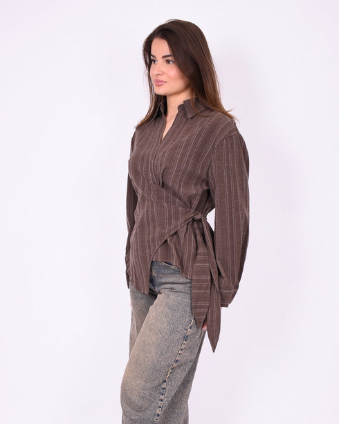 striped wrap blouse brown