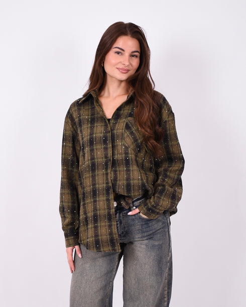 Checkered rhinestone flannel kaki