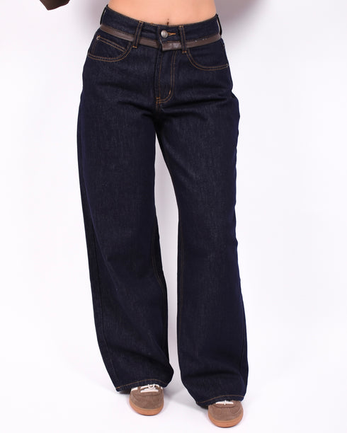 Leather waist jeans dark blue