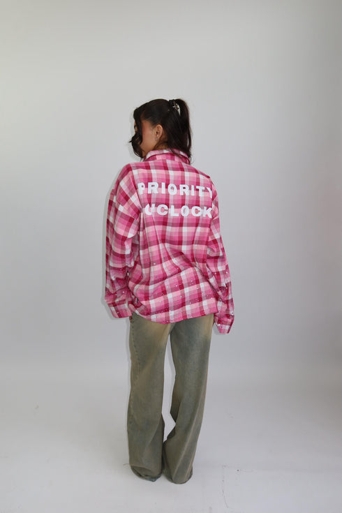 priority checkered rhinestone blouse pink