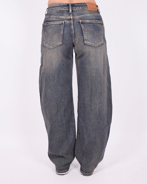 dark blue vintage washed barrel stretch jeans