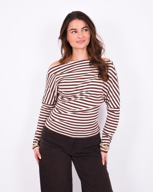 Striped off shoulder top crème/brown