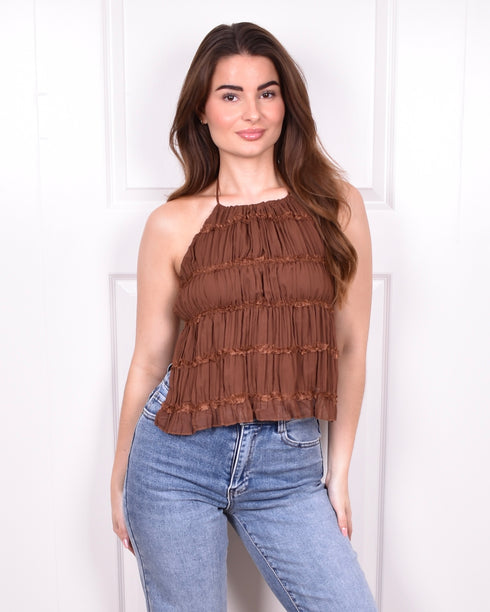 open back halter top brown