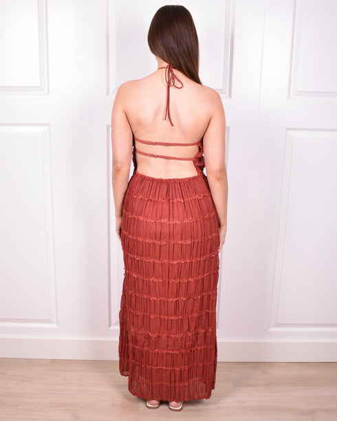 Open back halter dress rust