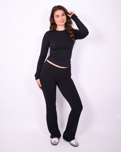 fold over flared pants black