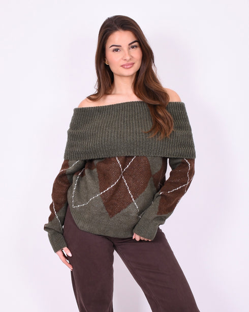 checkered off shoulder sweater brown/green