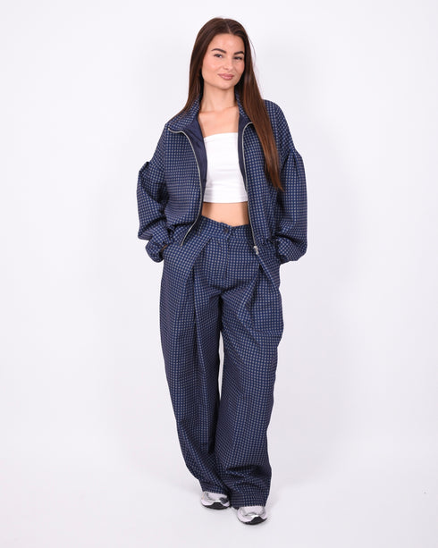 pleated checkered pants navy