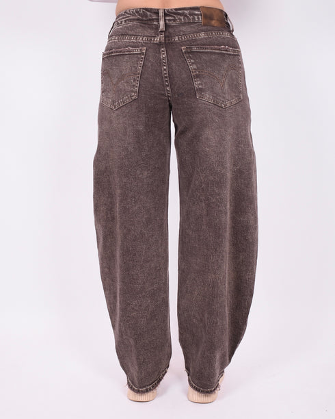 brown washed barrel stretch jeans