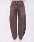 brown washed barrel stretch jeans