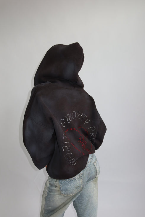 Priority Rhinestone zip up hoodie black