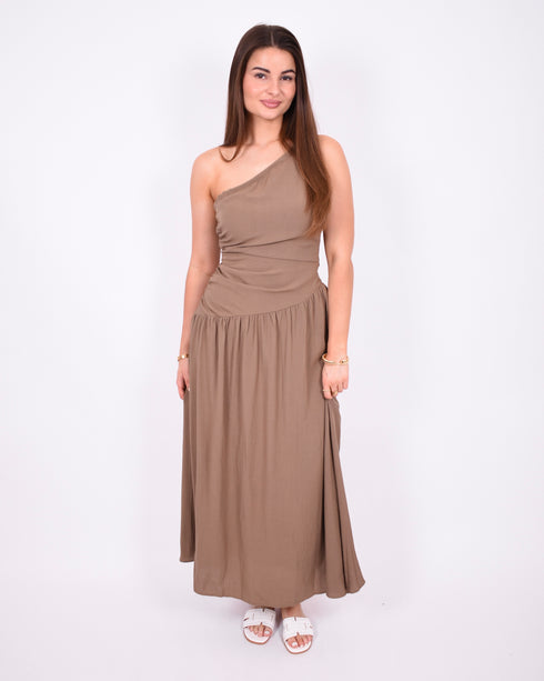 One shoulder linnen maxi dress taupe