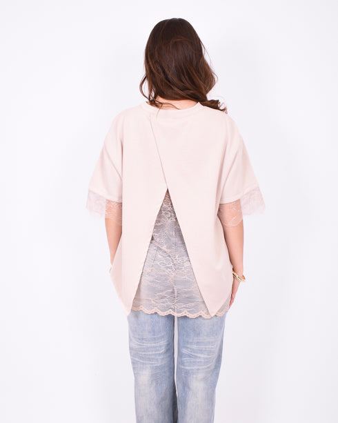 lace back split t-shirt creme