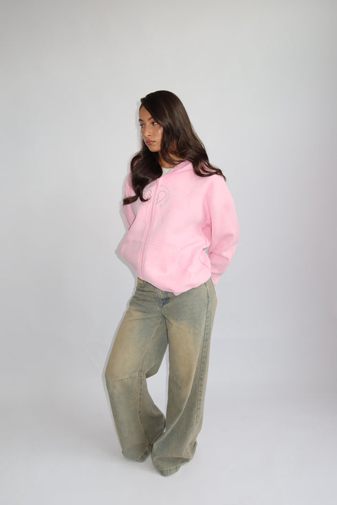 Priority Rhinestone zip hoodie pink