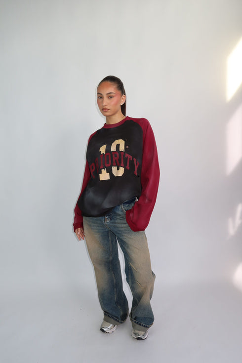 Priority ‘10’ Distressed Longsleeve Bordeaux