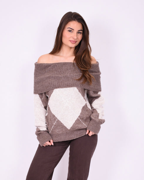 checkered off shoulder sweater taupe/brown