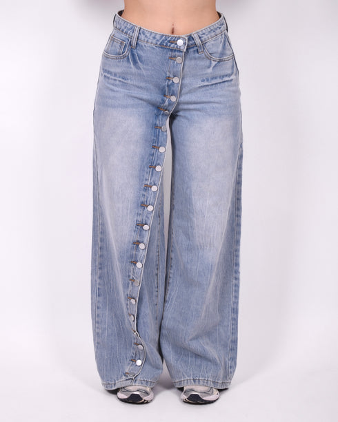 button wide leg jeans light blue