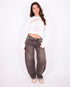 brown washed barrel stretch jeans
