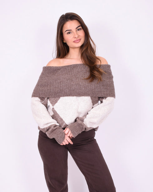 checkered off shoulder sweater taupe/brown