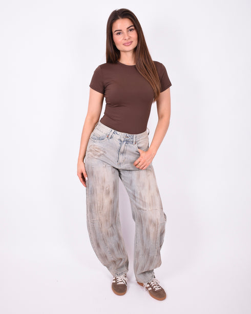 dirty vintage washed balloon stretch jeans