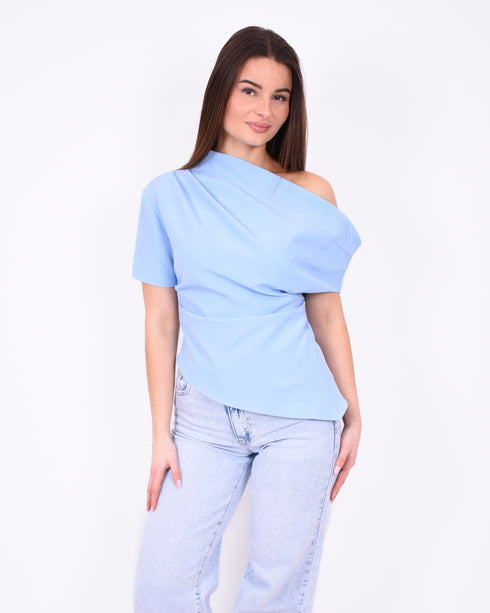 off shoulder draped top light blue