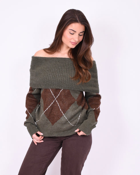 checkered off shoulder sweater brown/green