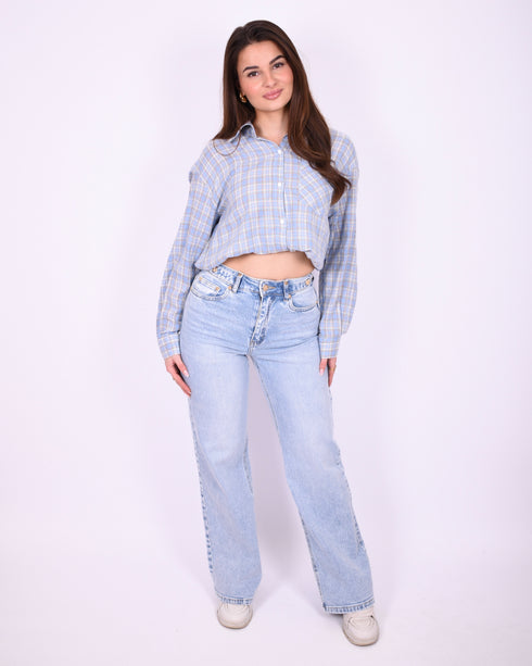 checkered rhinestone blouse light blue