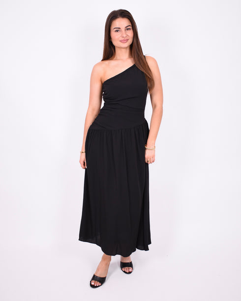 One shoulder linnen maxi dress black