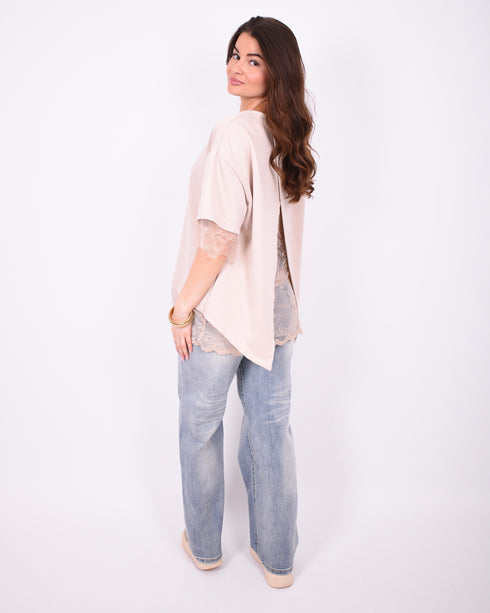 lace back split t-shirt creme