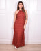 Open back halter dress rust