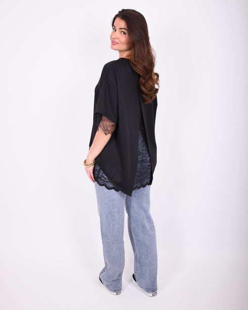 lace back split t-shirt black