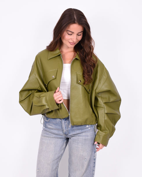 leather bomber jacket green
