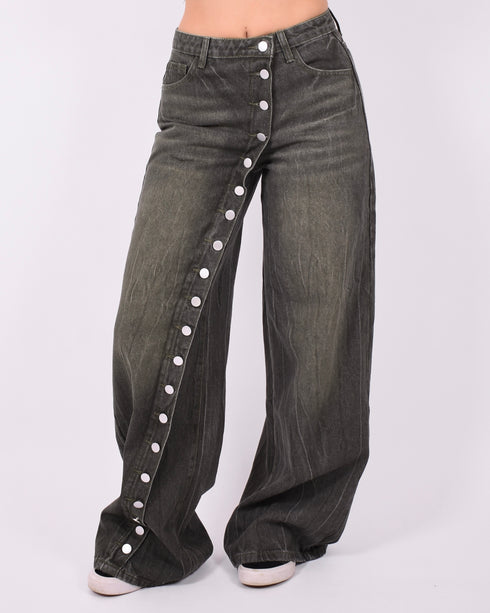Button wide leg jeans dark green