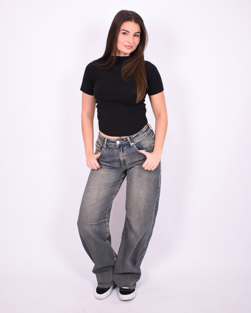 dark vintage barrel stretch jeans
