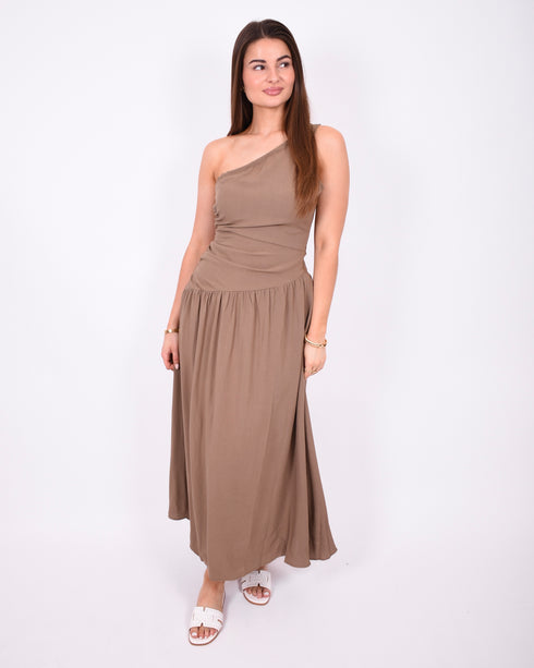 One shoulder linnen maxi dress taupe
