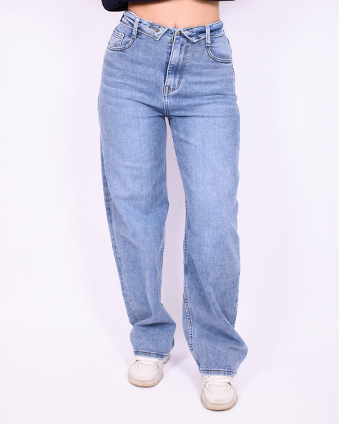 Folded balloon stretch jeans blue