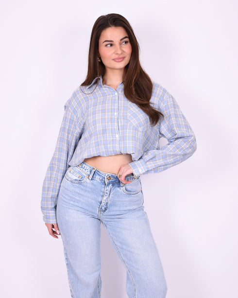 checkered rhinestone blouse light blue