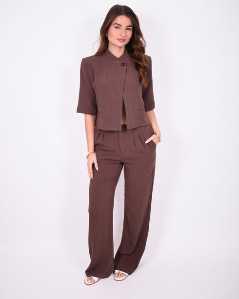 Linnen split blazer set brown