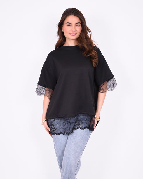 lace back split t-shirt black