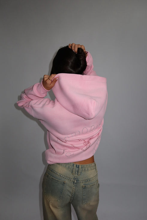 Priority Rhinestone zip hoodie pink