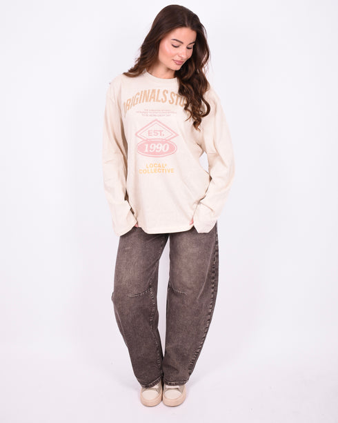 brown washed barrel stretch jeans